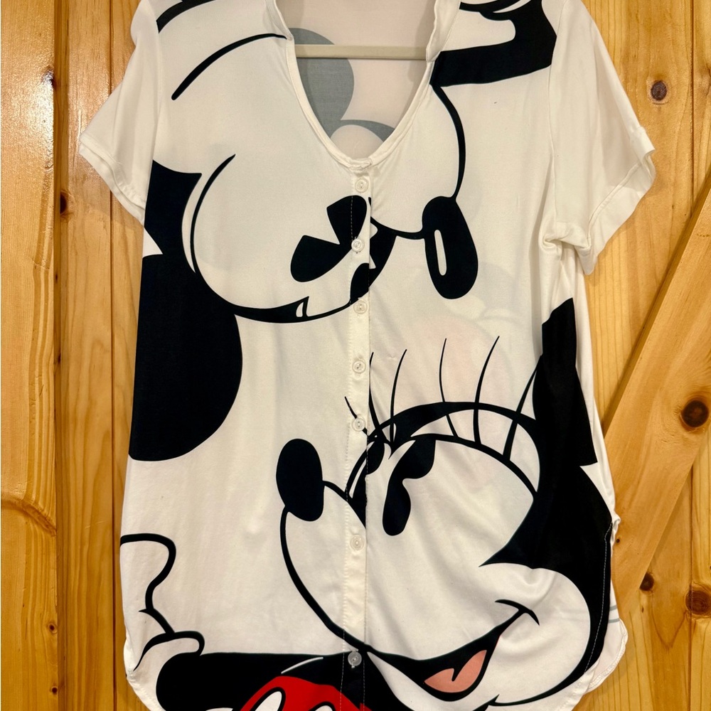 White and Black Graphic Button-Up Shirt